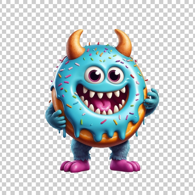 PSD um monstro azul com uma boca grande e dentes grandes.