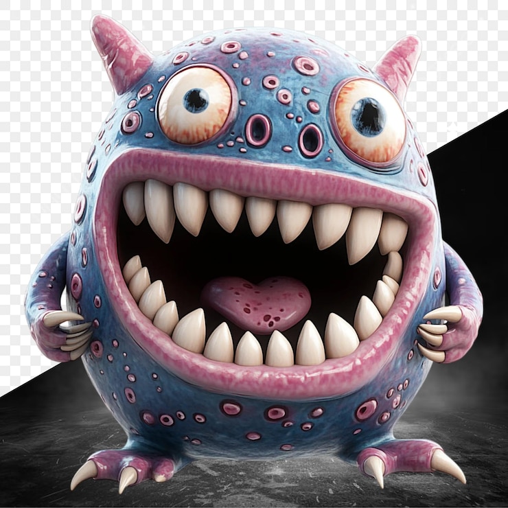 PSD um monstro com uma boca grande e a palavra monstro nele.