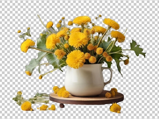 PSD um monte de flores amarelas e dente-de-leão em objeto transparente