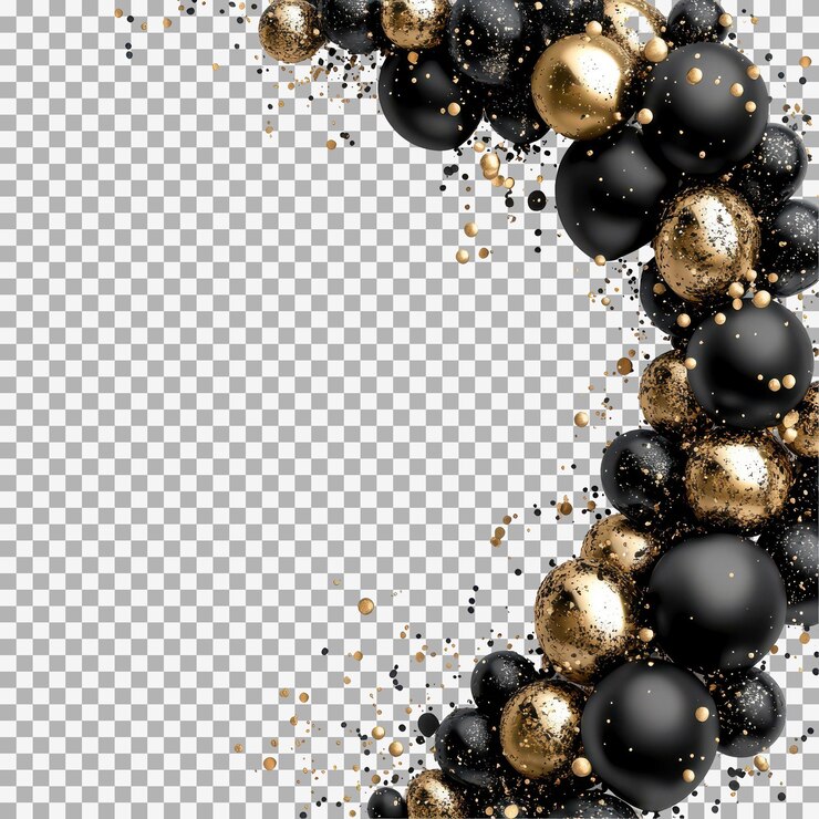 PSD um monte de quadros de balões dourados e pretos com confete em fundo transparente ilustração 3d