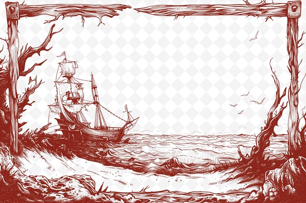 PSD um navio no oceano com um fundo vermelho e branco