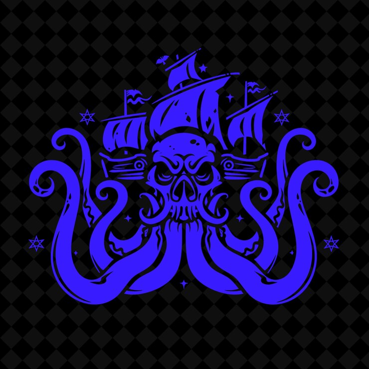 PSD um navio pirata azul e roxo com um crânio no topo