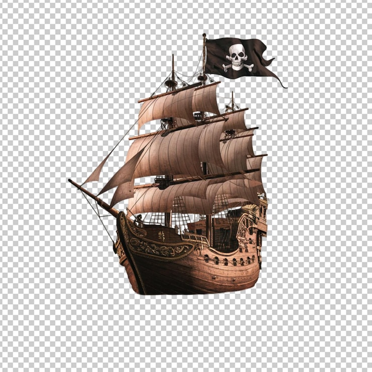 PSD um navio pirata com a bandeira jolly roger isolada em fundo transparente