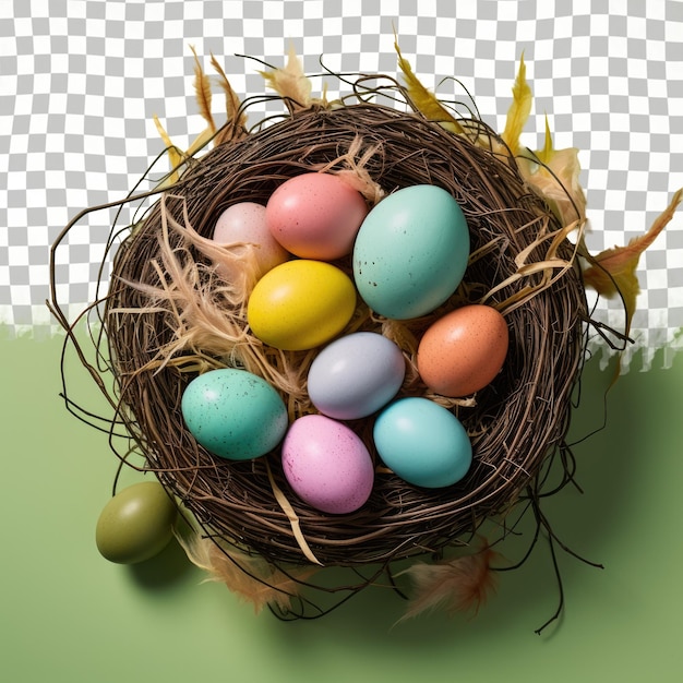 PSD um ninho de pássaros cheio de ovos coloridos em um transparente