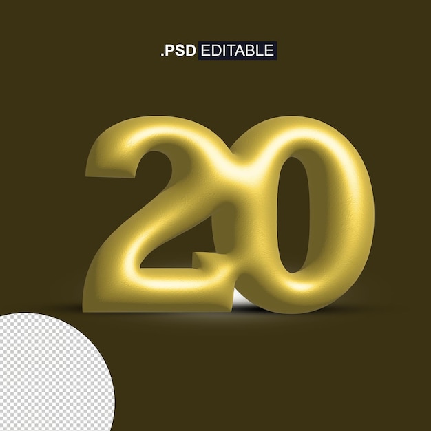 PSD um número 20 dourado com fundo escuro.