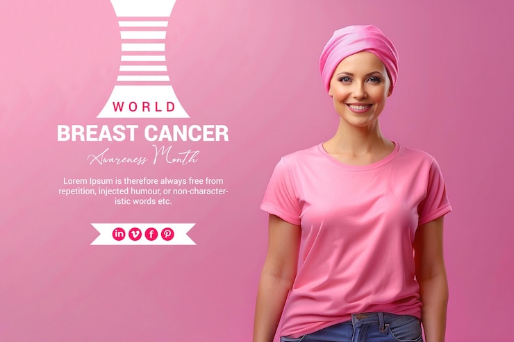 PSD um paciente com câncer está sorrindo e de pé com uma camiseta rosa