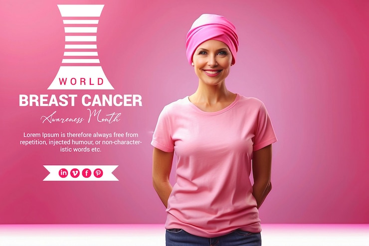 PSD um paciente com câncer está sorrindo e de pé com uma camiseta rosa