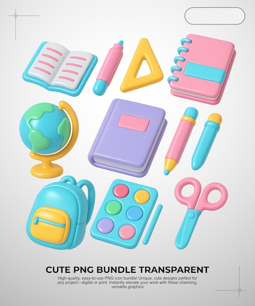 Um pacote de materiais escolares bonitos em PNG