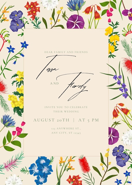 Um padrão floral colorido, um convite de casamento feminino