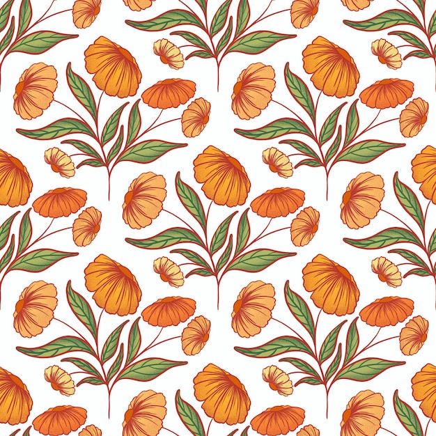 Um padrão floral quente e convidativo apresenta flores em flor, folhas delicadas e elementos orgânicos.