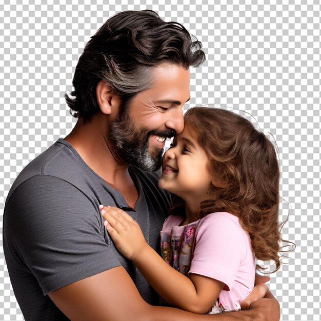 PSD um pai moreno com barba abraça e beija sua filha em closeup com fundo branco