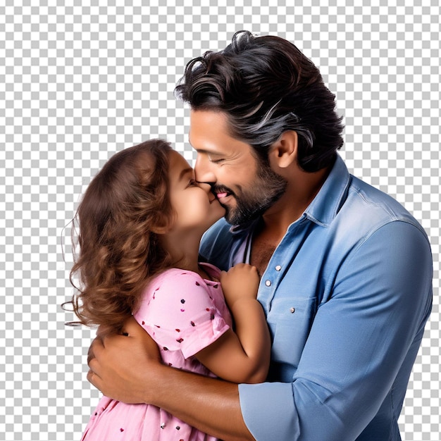 PSD um pai moreno com barba abraça e beija sua filha em closeup com fundo branco