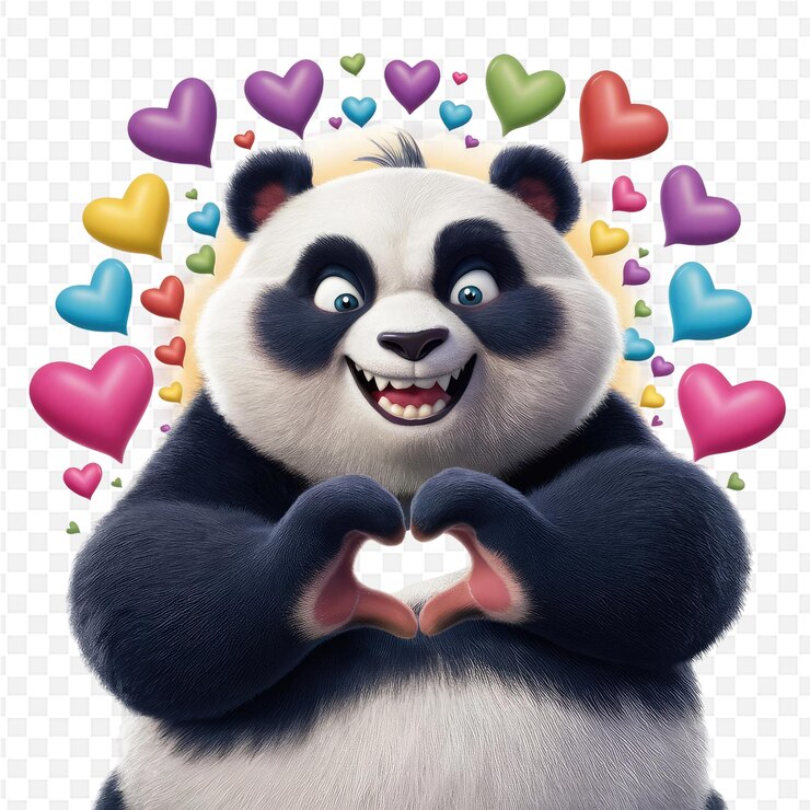 PSD um panda segurando um coração em forma de coração com muitos corações no fundo
