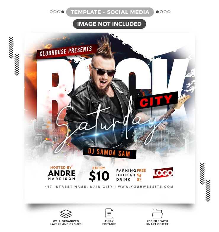 PSD um panfleto para o sábado da cidade do rock com um fundo da cidade.