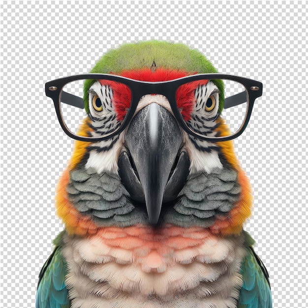 PSD um papagaio com óculos na cabeça e um bico que diz papagaio