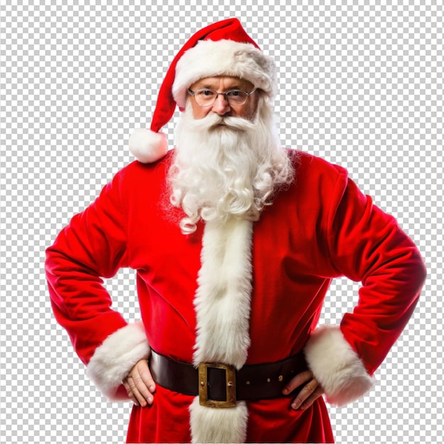 Um Papai Noel de pé na frente de uma tela com um terno vermelho