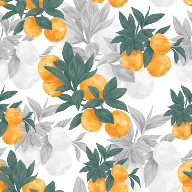 um papel de parede com laranjas e folhas verdes e limões