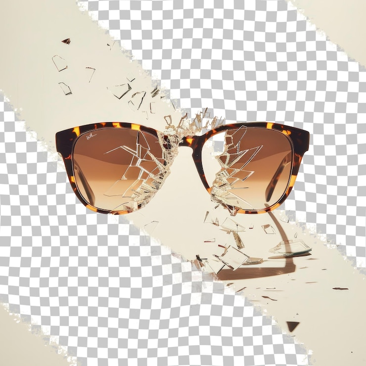 PSD um par de óculos de sol com uma lente quebrada e uma imagem de um vidro rachado e quebrado