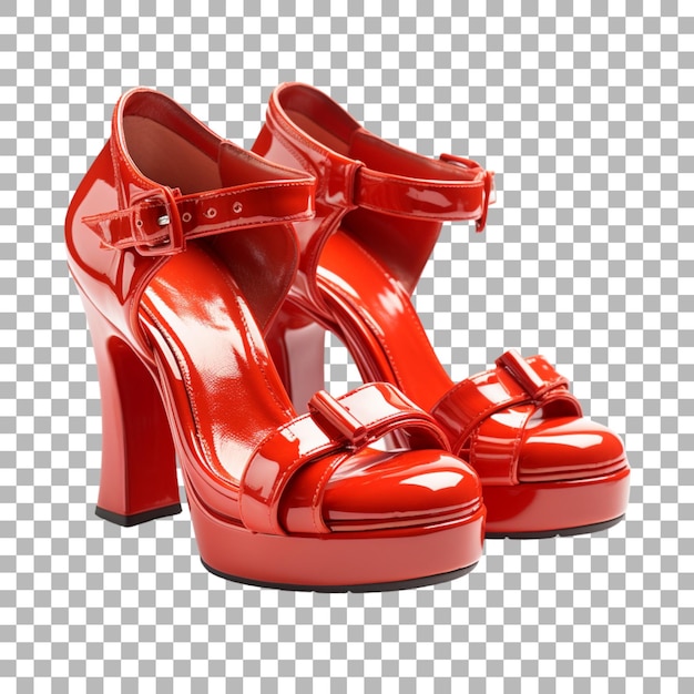 Um par de sapatos vermelhos com um calcanhar vermelho e uma fivela de prata