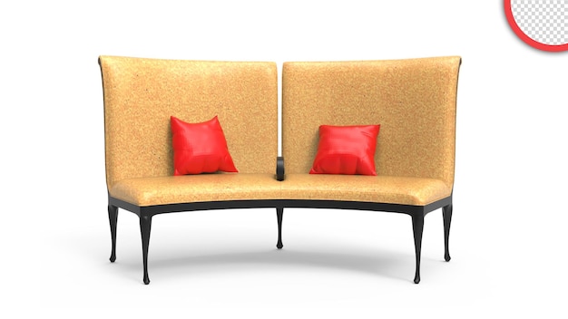Um par de sofás amarelos com almofadas vermelhas estão lado a lado.