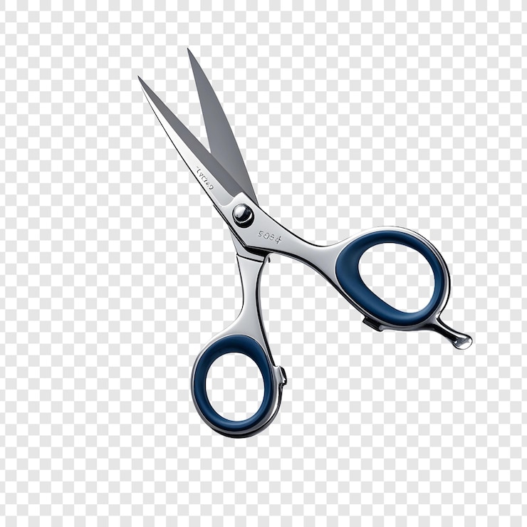 PSD um par de tesouras com alças azuis em um fundo branco