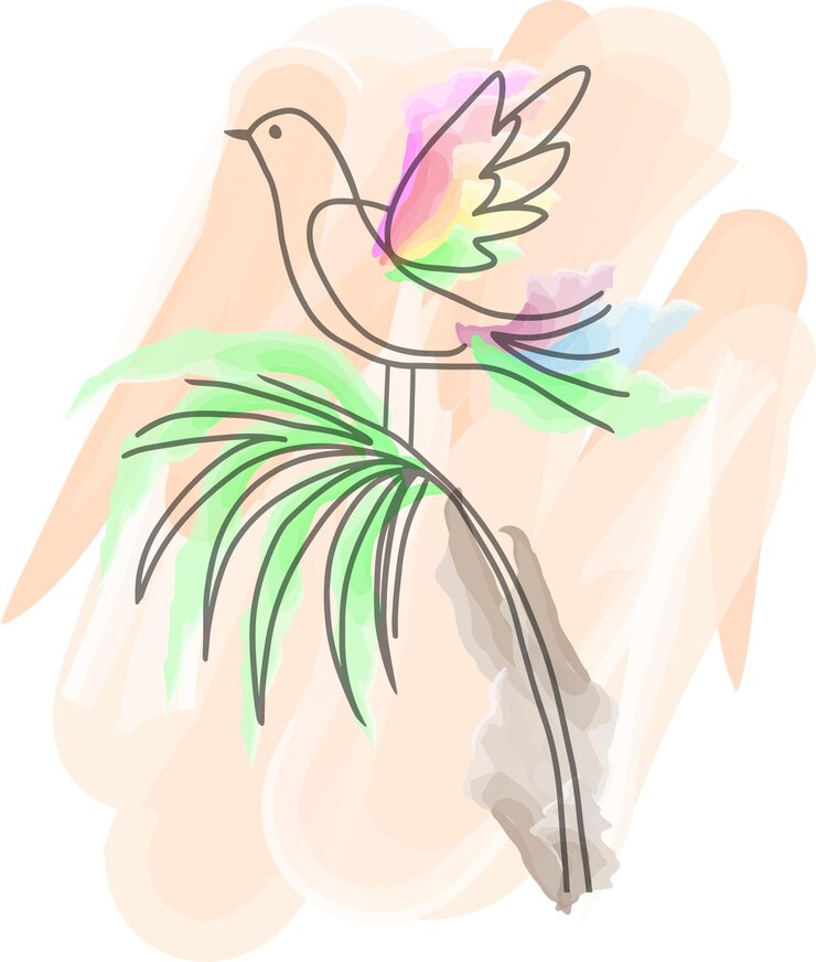 PSD um pássaro abstrato colorido empoleirado em um galho de palmeira tropical ilustração a aquarela