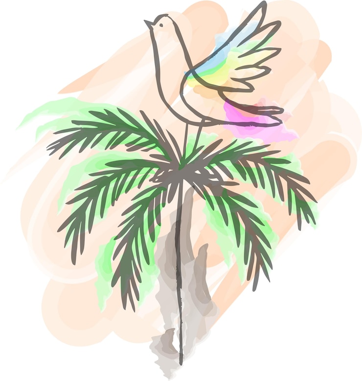 PSD um pássaro abstrato colorido empoleirado em um galho de palmeira tropical ilustração a aquarela