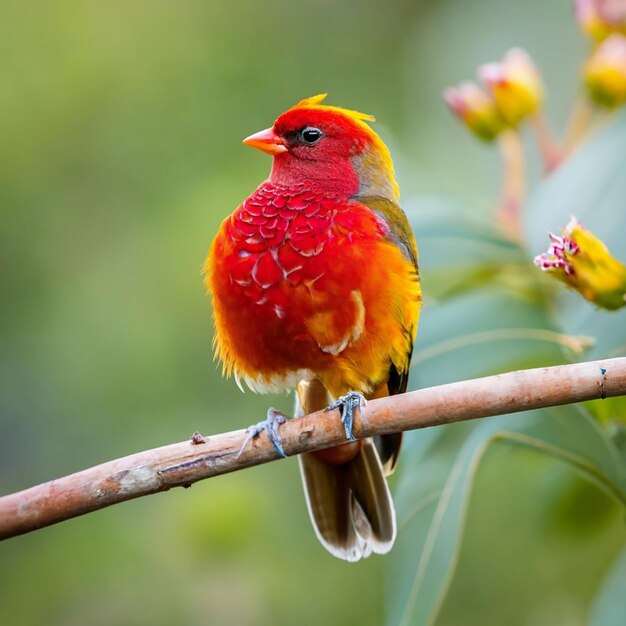 Um pássaro com cabeça amarela e penas vermelhas senta-se em um galho com uma flor ao fundo