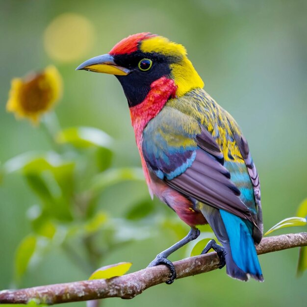 Um pássaro com cabeça amarela e penas vermelhas senta-se em um galho com uma flor ao fundo