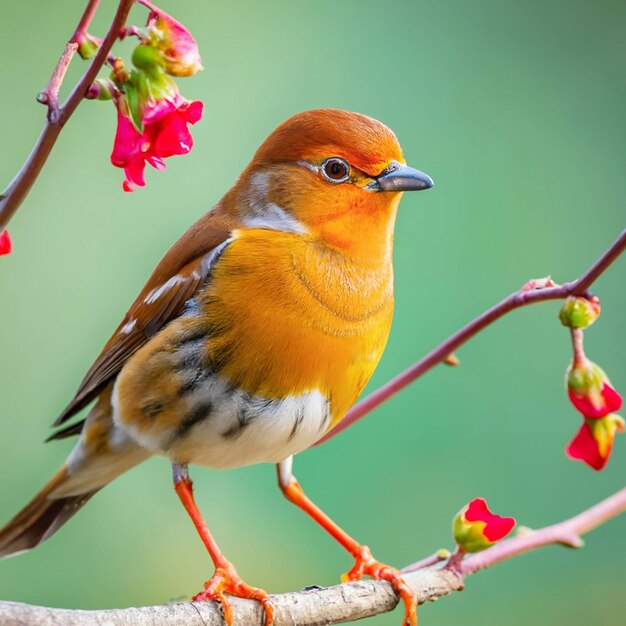 Um pássaro com cabeça amarela e penas vermelhas senta-se em um galho com uma flor ao fundo
