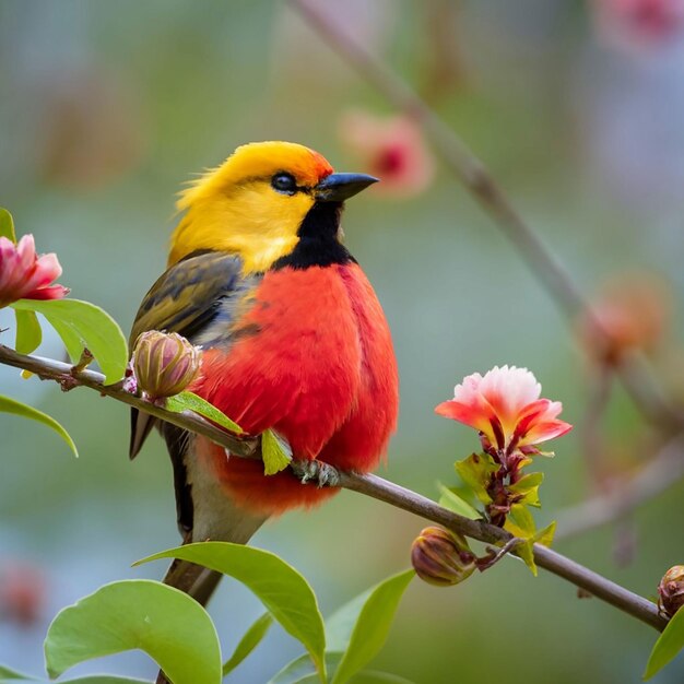 PSD um pássaro com cabeça amarela e penas vermelhas senta-se em um galho com uma flor ao fundo