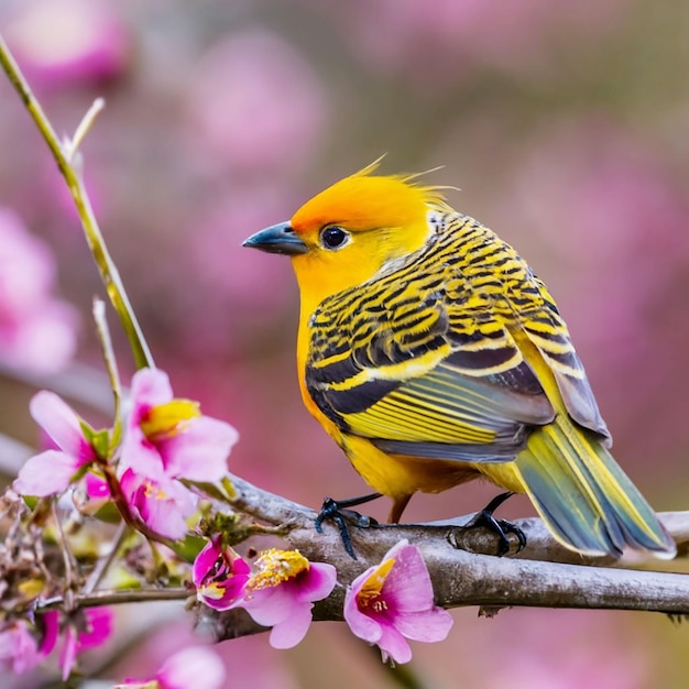 PSD um pássaro com cabeça amarela e penas vermelhas senta-se em um galho com uma flor ao fundo