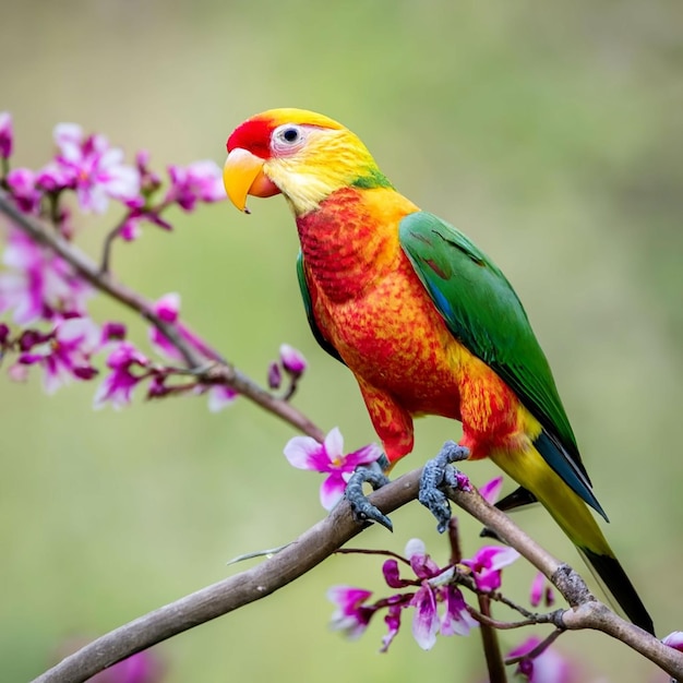 PSD um pássaro com cabeça amarela e penas vermelhas senta-se em um galho com uma flor ao fundo