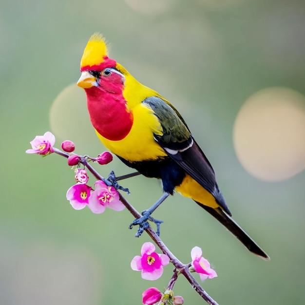 PSD um pássaro com cabeça amarela e penas vermelhas senta-se em um galho com uma flor ao fundo