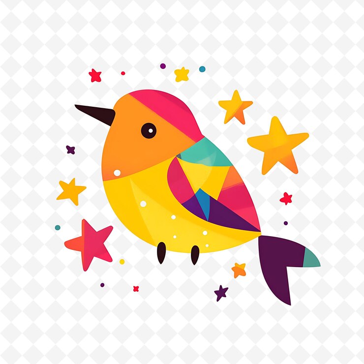 PSD um pássaro com um bico colorido senta-se em um fundo branco com estrelas e estrelas