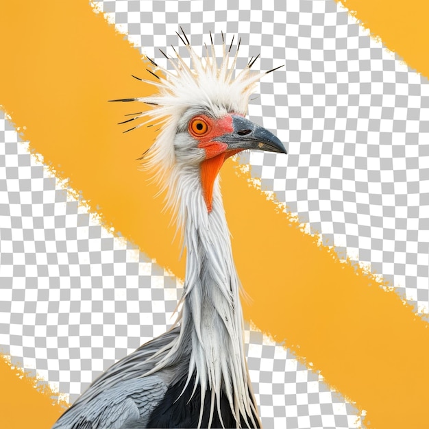 Um pássaro com um olho vermelho e um fundo amarelo com um fundo branco