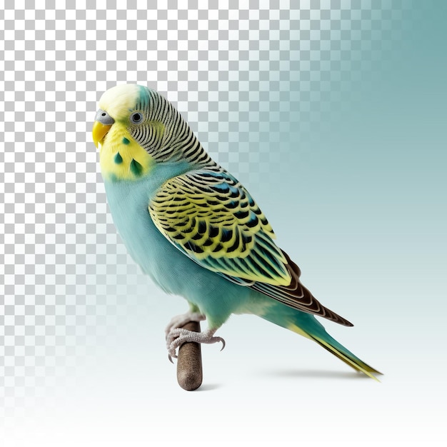 PSD um pássaro periquito azul e verde com fundo transparente de penas amarelas
