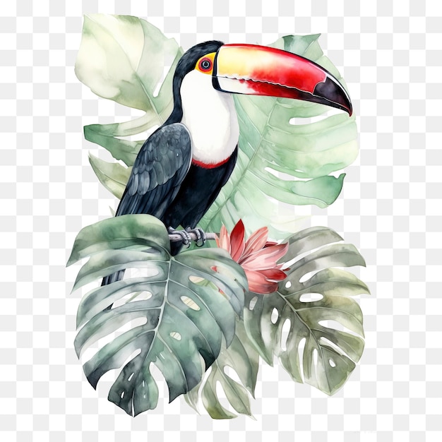 PSD um pássaro tucano com folhas tropicais - folhas tropicais png, png transparente
