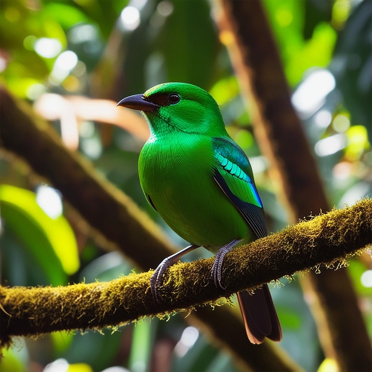 PSD um pássaro verde com uma cauda azul senta-se em um galho