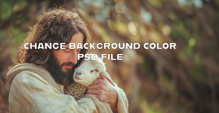 PSD um pastor compassivo abraçando um cordeiro em um cenário natural