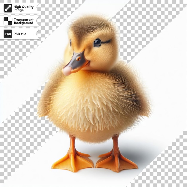 PSD um pato bebê está de pé em um fundo branco com as palavras ducky sobre ele