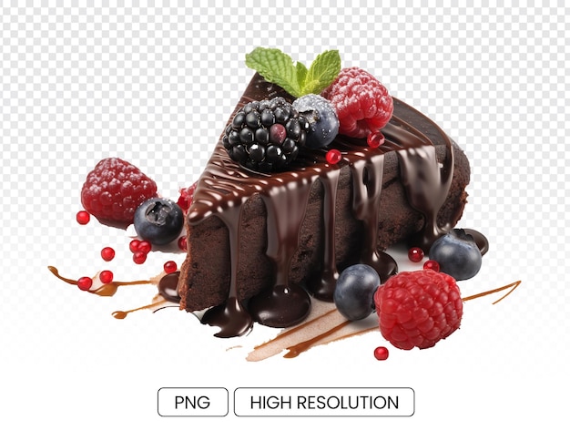 Um pedaço de bolo brownie com muito chocolate derretido e cereja