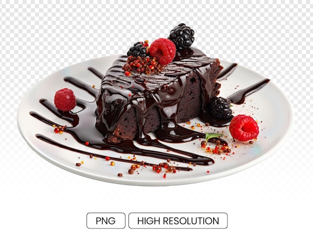 Um pedaço de bolo de brownie com muito chocolate derretido e uma cereja no topo em um prato branco
