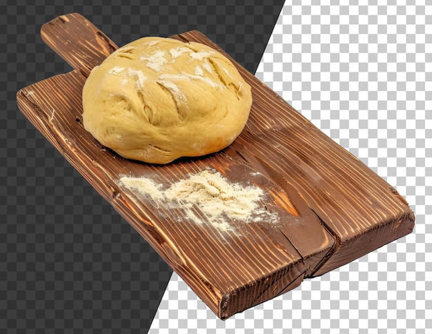 PSD um pedaço de pão está sentado em uma tábua de corte de madeira com uma pilha de farinha no stock png