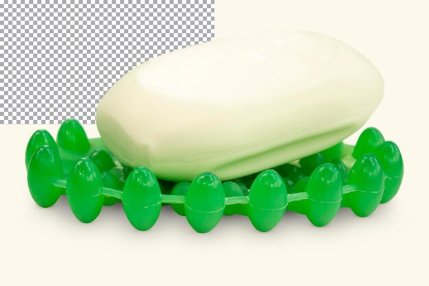 Um pedaço de sabão novo em uma saboneteira verde isolada em um fundo transparente