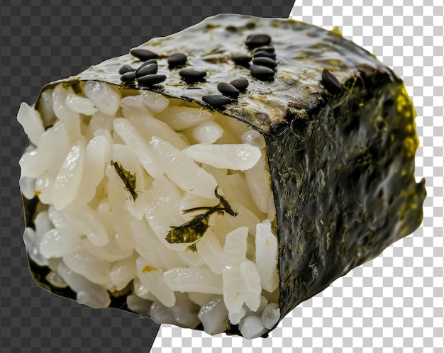 Um pedaço de sushi com arroz e algas.