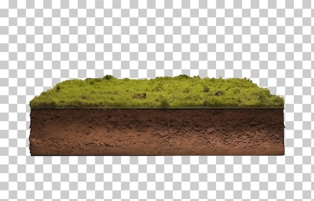 Um pedaço de terra com grama verde e solo castanho em um fundo transparente