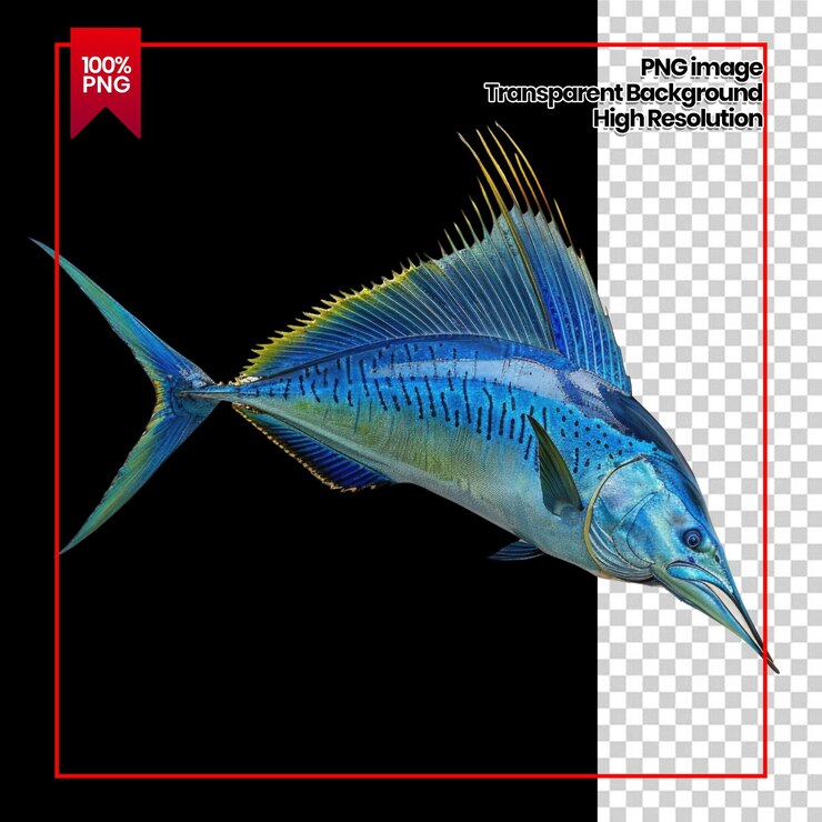 PSD um peixe azul e amarelo com um bico longo nada através de fundo de água verde removido