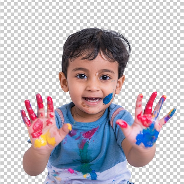 PSD um pequeno artista infantil mostrando pintura em suas mãos depois de pintar em fundo branco