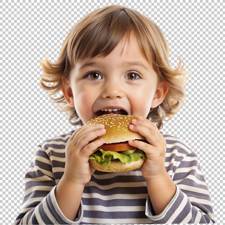 PSD um pequeno comendo um hambúrguer isolado em fundo transparente
